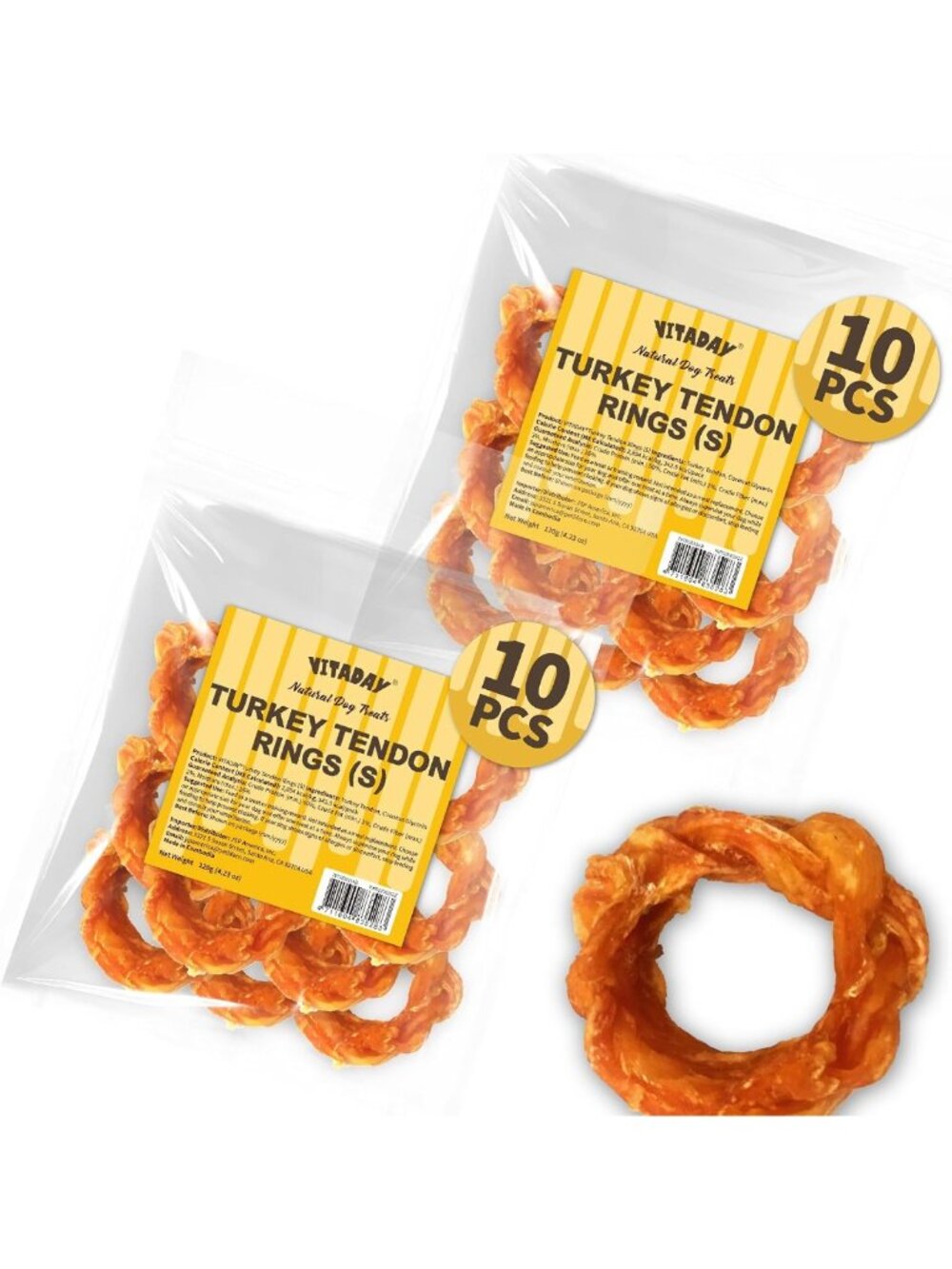 Natural Turkey Tendon Dog Chews, USA-Sourced, Small Rings, 20 Count (2 Pack)